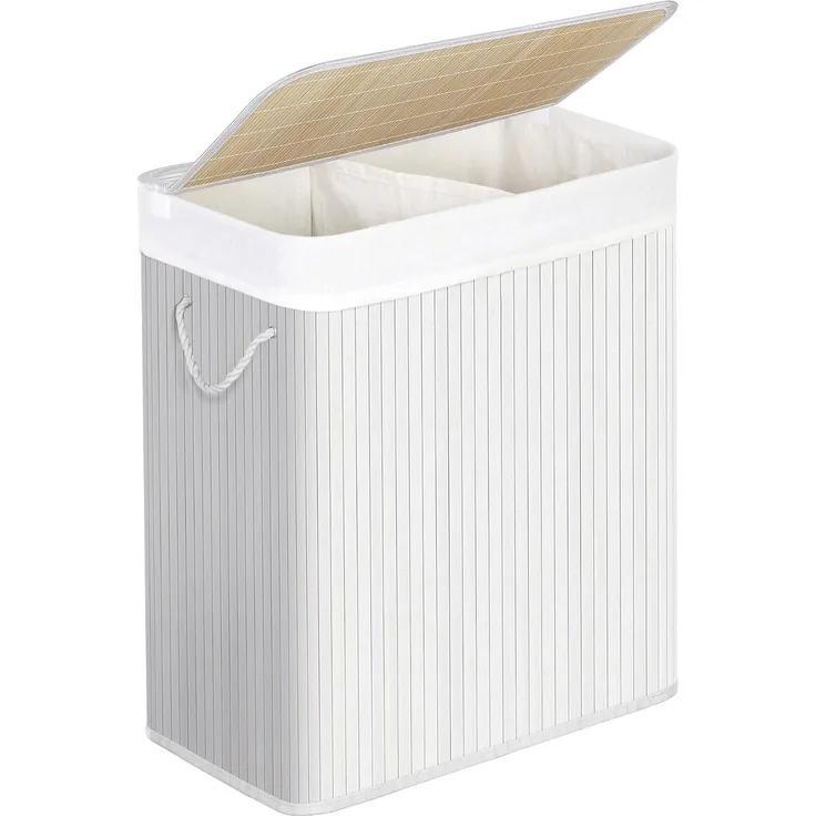 Songmics Wäschekorb mit 2 Fächern, Bambus Weiß, 100 L / 51,5 x 31,5 x 60,5 cm