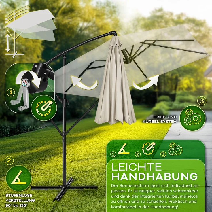 tillvex® Ampelschirm Eckig mit Ständer & Windschutz, Abdeckung mit Kurbel, Aluminium beige, Ø 330 cm – Bild 4