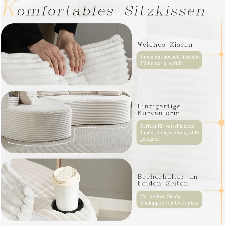 LVHOM Ecksofa L-Form, Cloud Sofa mit Tassenhalter und Seitentaschen, 3-Sitzer Sofa aus Cordstoff, kein Aufbau erforderlich, 250x152cm, Beige – Bild 4