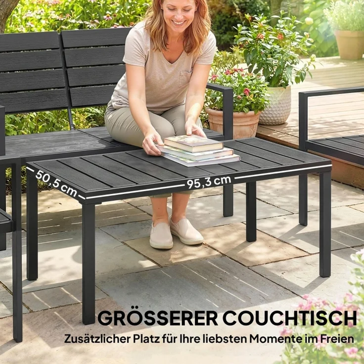 Gartenmöbel Set Sitzgruppe für 4 Personen Gartenlounge mit 2er Sofa 2 Sessel Beistelltisch Lamellendesign Schwarz – Bild 5