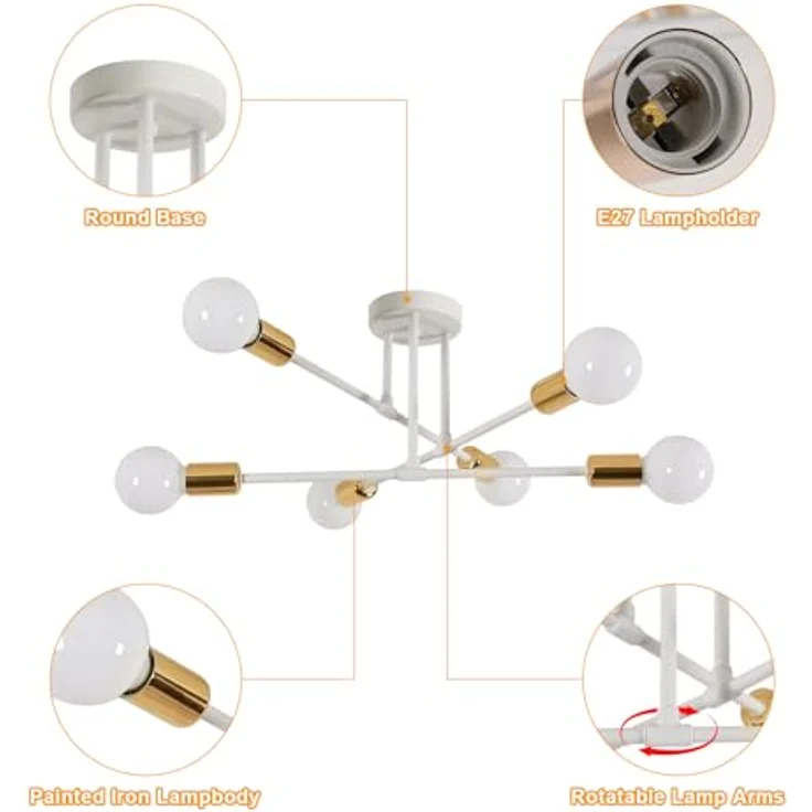 Deckenleuchte Vintage, 6 Flammig E27 60 cm Deckenlampe Sputnik Kronleuchter Modern für Wohnzimmer Esszimmer Küche Flur, Weiß & Gold Max. 60 W (Ohne Glühbirnen) – Bild 4
