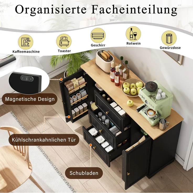 Sideboard 126x40x86 cm in Schwarz mit 3 Schubladen und verstellbaren Einlegeböden – Bild 7
