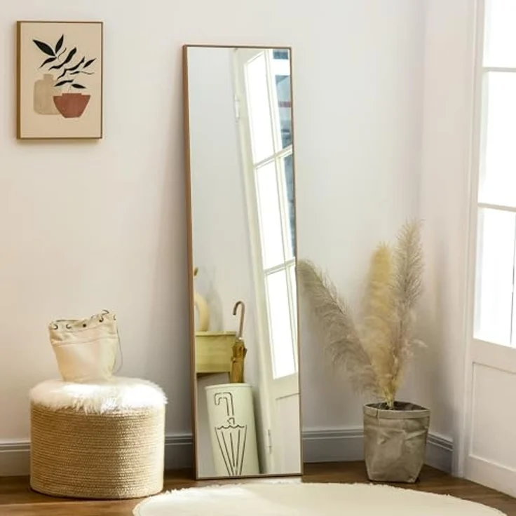 HOMCOM Standspiegel mit Ständer, freistehend, 40 x 150 cm, Natur (Set, 1-St, 1 Ankleidespiegel), gerahmter Ganzkörperspiegel – Bild 1