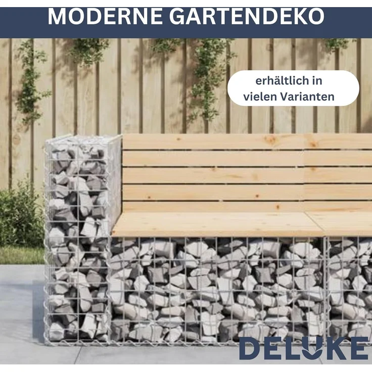 DELUKE® Gartenbank Gabionen INO aus Stahl 287x71x65,5cm Kiefernholz Natur Gabionenbank Gartenbank mit Sitzfläche aus Gabionen Steinkorb Gabionengitter Ziergabione Drahtkorb befüllbar – Bild 5
