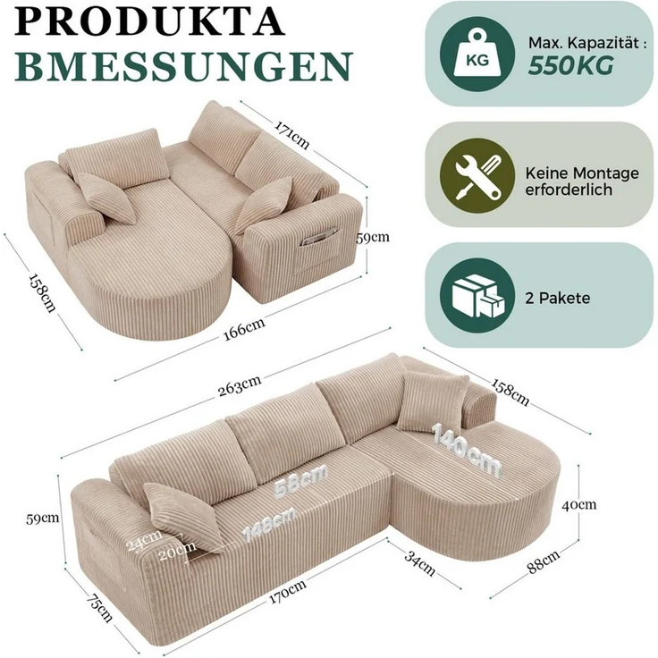 COMHOMA Sofa Ecksofa mit Schlaffunktion, Corduroy Modulares Boneless Couch, mit Chaiselongue, L-Form Schlafsofa, Sektionssofas mit Kissen & Seitentaschen – Bild 4