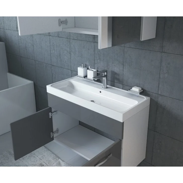 Badplaats Badmöbel Komplettset Paso 02 80 x 40 cm Weiß mit Grau Hochglanz - Badezimmermöbel mit Waschbecken und Spiegelschrank – Bild 5