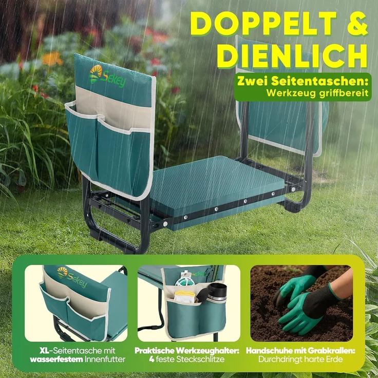 Sekey Höhenverstellbare Kniebank für Gartenarbeit Belastbarkeit 180KG, Gartenhocker Klappbar mit Werkzeugtaschen, Knie Komfort Garten, Grün – Bild 7