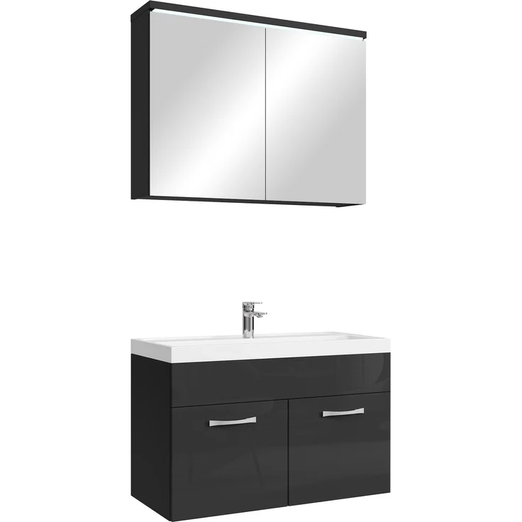 Badplaats Badmöbel Komplettset Paso 02 80 x 40 cm Schwarz Hochglanz - Badezimmermöbel mit Waschbecken und Spiegelschrank – Bild 1