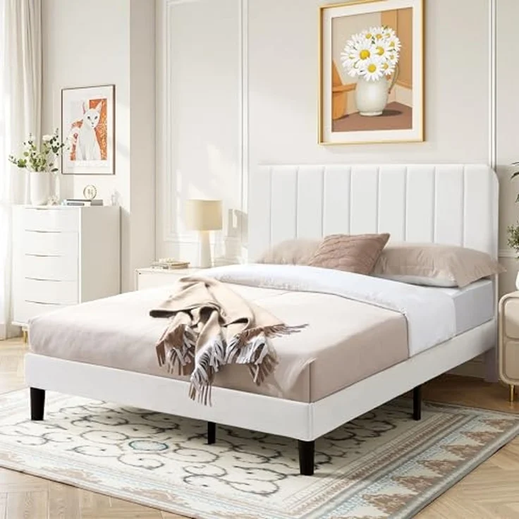 VECELO Polsterbett 140 x 200 cm Doppelbett, Höhenverstellbarem Kopfteil, Massivem Holzlattenrost, Samtstoff und Einfache Montage, für Schlafzimmer und Gästezimmer, Weiß – Bild 7