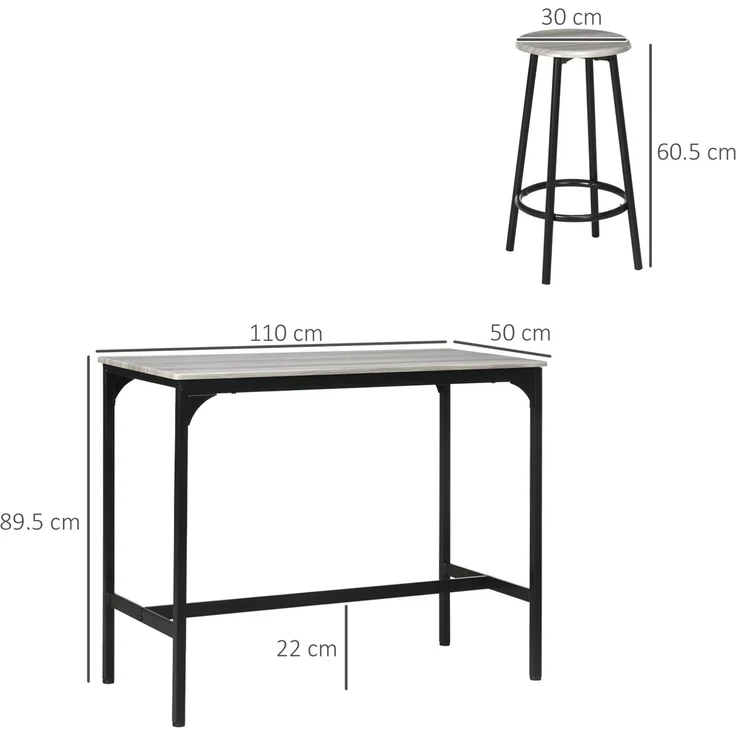 Bartisch-Set 110 x 50 x 89,5 cm mit 4 Barhockern – platzsparend in Grau und Schwarz – Bild 3
