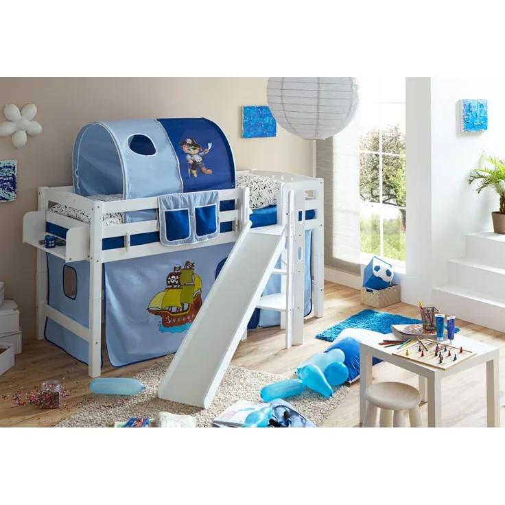 Hochbett mit Rutsche "Tino" 90x200 Buche massiv weiß