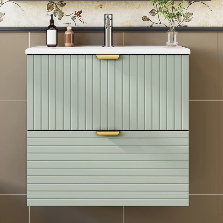Waschtischunterschrank 61 x 46 x 57 cm, wandhängend, mintgrün, mit Keramikbecken und 2 Schubladen – Bild 3