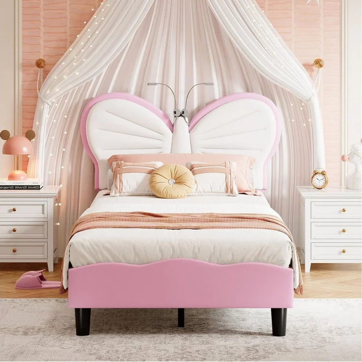 FUROKOY Polsterbett Kinderbett Jugendbett mit Schmetterlings-Kopfteil, Kopfteil hochstellbar, Einzelbett mit Lattenrost,90x200cm,Rosa + Weiß – Bild 1