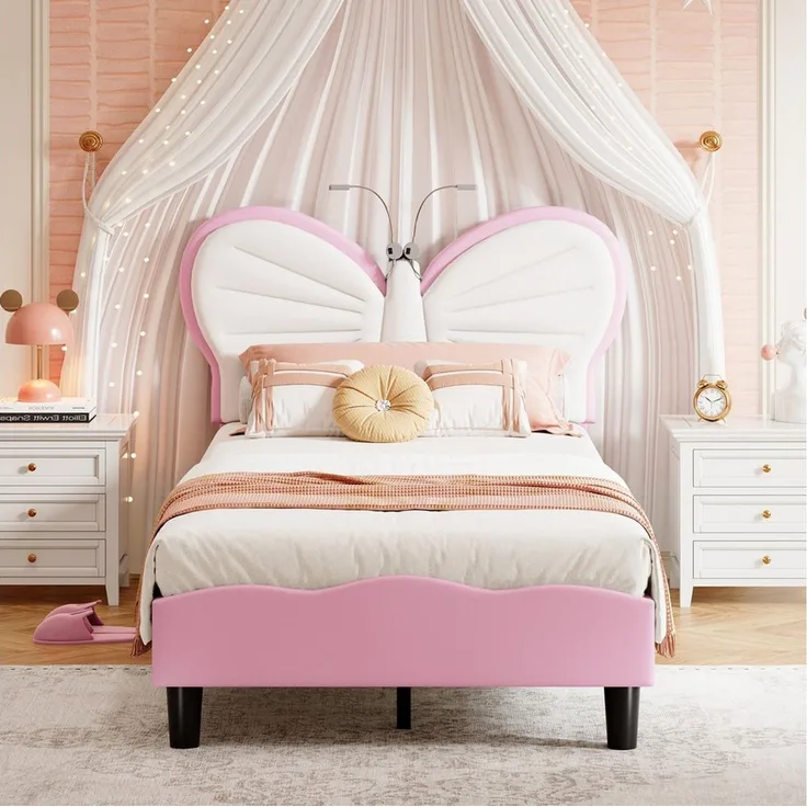 FUROKOY Polsterbett Kinderbett Jugendbett mit Schmetterlings-Kopfteil, Kopfteil hochstellbar, Einzelbett mit Lattenrost,90x200cm,Rosa + Weiß