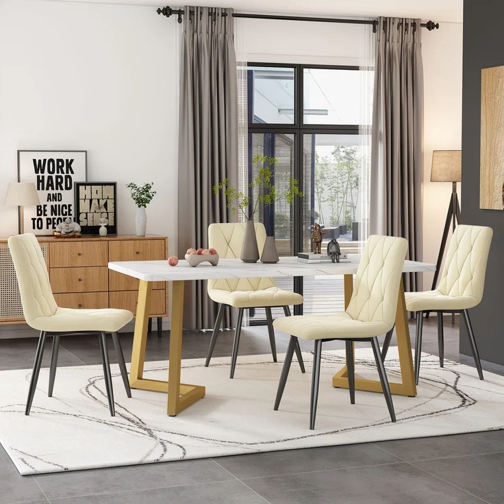 Essgruppe 5-teilig mit Marmoroptik Tisch 117×68 cm & 4 Beige Leinenstühlen,Esszimmer-Set für Küche und Wohnzimmer – Bild 1