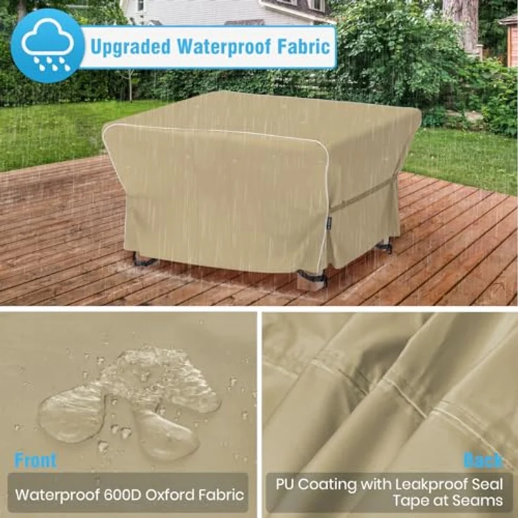 Velway Gartenmöbel Abdeckung Wasserdicht 125 x 125 x 74 cm - Winddicht Schutzhülle mit Reflektierender Streifen 600D Oxford Möbelsets Abdeckung Staubfest Abdeckhauben für Gartentisch Sitzgruppe Khaki – Bild 4