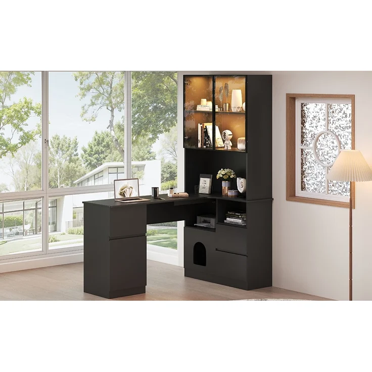 ZUBALIYA Eckschreibtisch mit Regal und LED-Vitrinenschrank 120×80×180 cm – Schreibtisch mit Kabeldurchlass, 3 Schubladen, 2 Türen, offenen Fächern,Ein Eckschreibtisch mit eingebautem Bücherregal ,Schwarz – Bild 10
