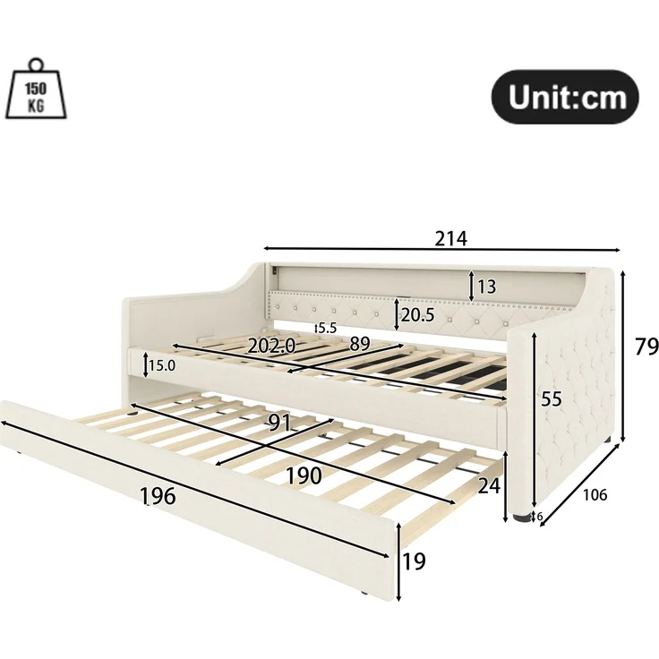 Polsterbett 90×200 cm aus Leinen-Stoff mit LED-Beleuchtung, USB-Anschluss und Ausziehbett, beige – Bild 4