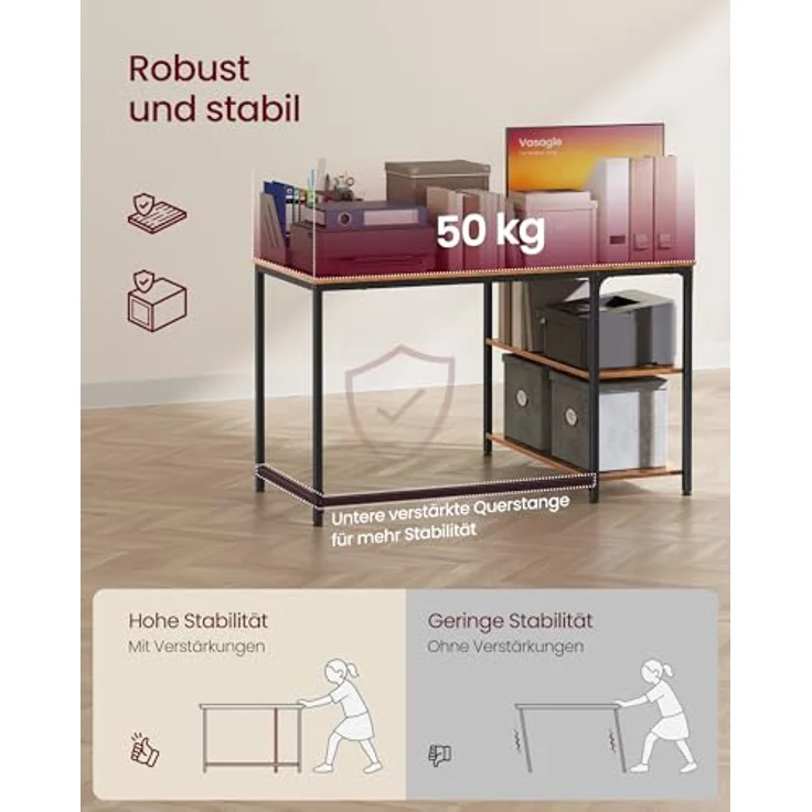VASAGLE Gaming Schreibtisch in L-Form, Schreibtisch mit Stauraum, höhenverstellbare Regale, für Zuhause, mit Steckdosen und 2 USB-Anschlüssen, 110 x 80 cm, rustikales Braun LWD131KD01 – Bild 7
