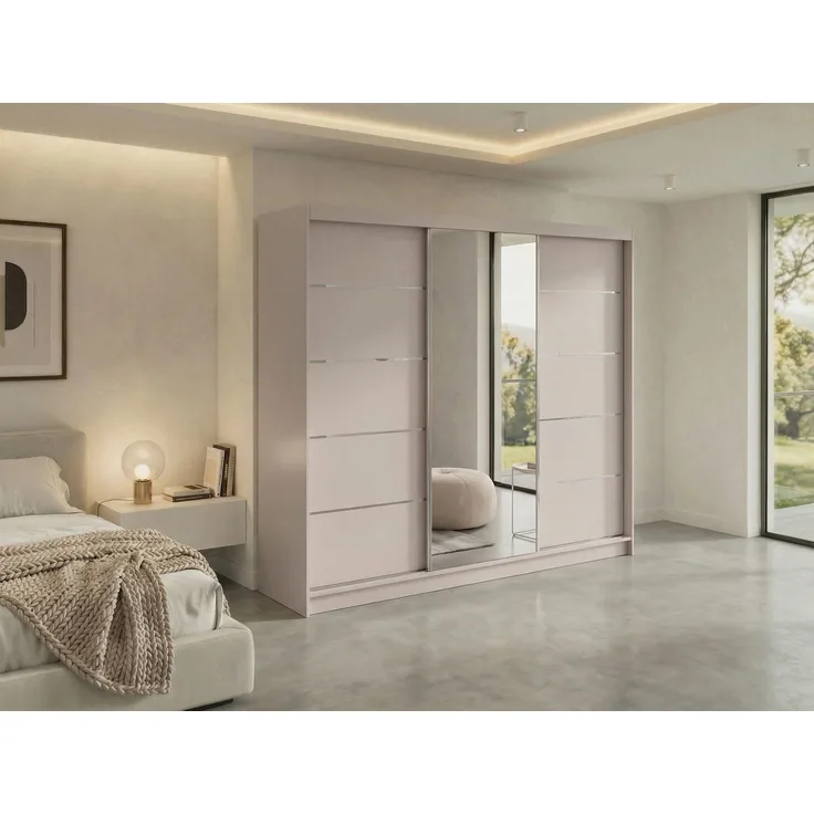 Schwebetürenschrank SKORIA mit großer Spiegelfront, Breite 240 cm, moderner Kleiderschrank, inkl. Innenausstattung und Stauraum - Kaschmir - mit Schubladen