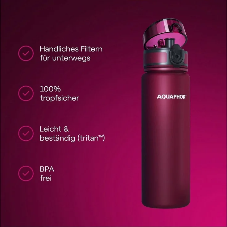 AQUAPHOR Trinkflasche CITY Flasche mit Wasserfilter für unterwegs, 500ml. I, Filter mit Aktivkohle I Aus Tritan & BPA-frei I rubin – Bild 2