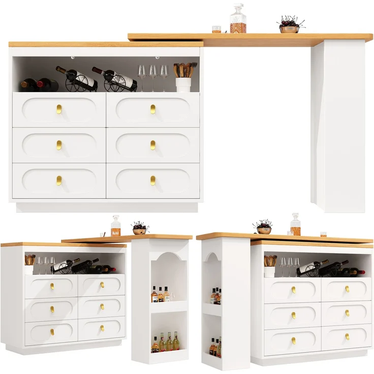 Bartisch ausziehbar mit 360° Drehfunktion, MDF Tischplatte, 6 Schubladen, Stauraumregal,Weiß – Bild 7