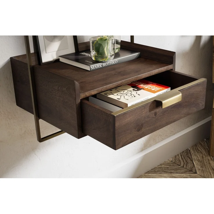 FINEBUY Nachttisch FB64190 (Nachtkonsole für Wandmontage 44x35 cm Dunkelbraun), Nachtschrank Mango Massivholz, Nachtkästchen – Bild 5