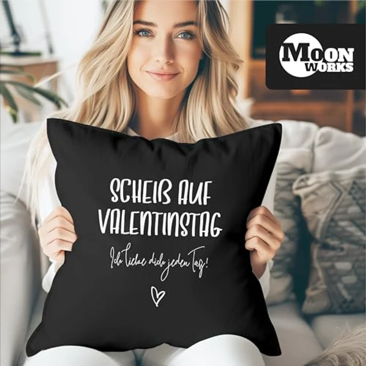 MoonWorks Dekokissen Kissen-Bezug Geschenk Valentinstag Scheiß auf Valentinstag Ich liebe dich jeden Tag Valentinstagsgeschenk Kissen-Hülle Deko-Kissen Baumwolle MoonWorks® – Bild 3