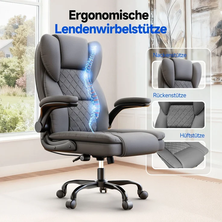 Botifly Ergonomischer Bürostuhl mit Fußstütze, Dunkelgrau, 74 x 34 x 53 cm, 135° Neigbar, SGS-Gaslift – Bild 5