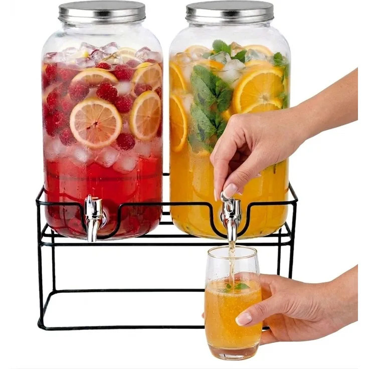 2 Getränkespender Glas mit Zapfhahn je 4 Liter inklusive Doppelständer G34