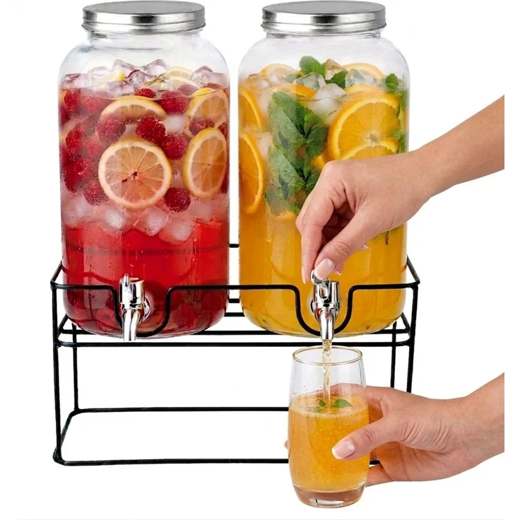 2 Getränkespender Glas mit Zapfhahn je 4 Liter inklusive Doppelständer G34