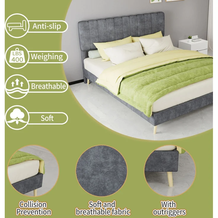 Novelux Modernes Polsterbett 160x200 cm mit weichem Kopfteil – Samtstoff Grau, Massivholz Bettrahmen, Minimalistisches Design ohne Matratze – Bild 3