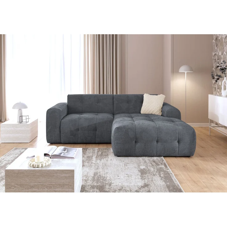 luma-home Modernes Ecksofa mit Ottomane rechts, mit markanten Steppungen, Chenille in Grau, 234 x 161 x 79cm – Bild 2