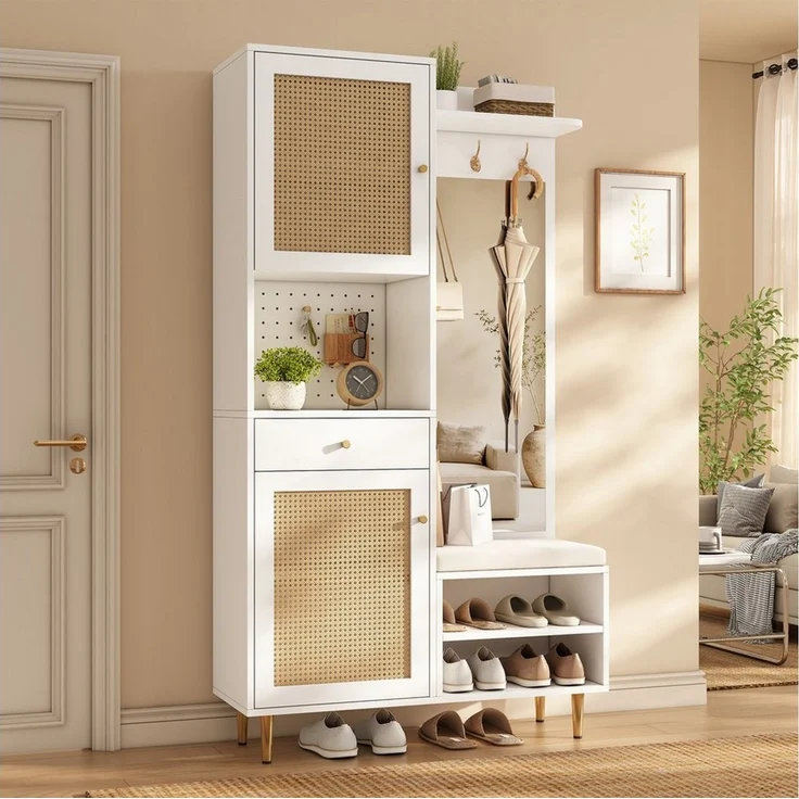 Flieks Garderobenschrank Rattan-Garderobenständer Schuhregal Spiegel Haken Lochwand Sitzkissen (verstellbare Einlegeböden, 1-St, 99x35x180 cm) Kompaktgarderobe Garderoben-Set Flurschrank Weiß, Eisenbeine – Bild 4