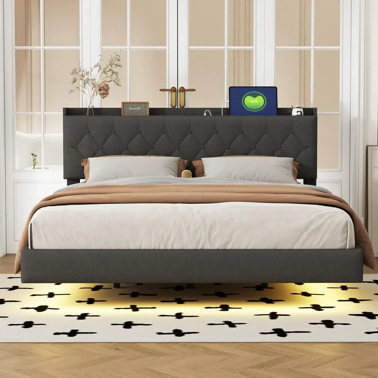 Polsterbett in schwebender Optik, Doppelbett mit Stauraum, Lattenrost und LED-Beleuchtung, 160x200 cm, Leinenbezug