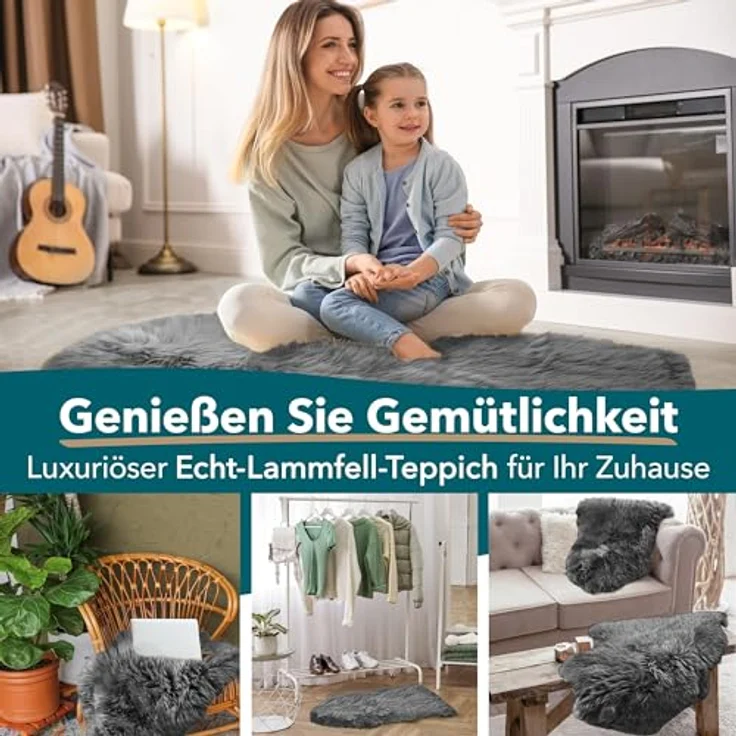 KARAT Lammfell echt - Charcoal Grey Flauschige Stuhlkissen Schaffell Deko Teppich für Wohzimmer & Kinderzimmer, Sitzauflage, Dekofell, mit Lederrücken 90x60 cm (Audrey) – Bild 4