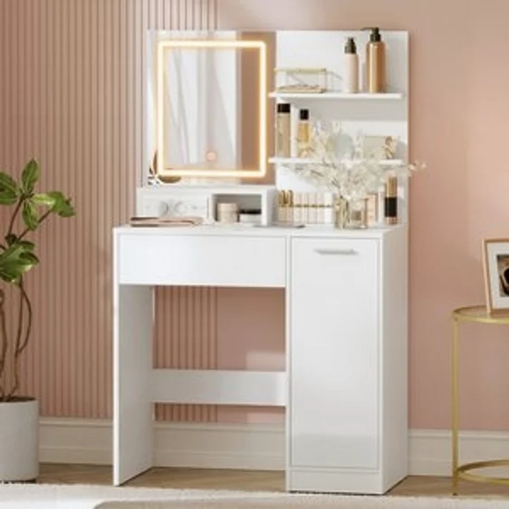 VASAGLE Schminktisch Frisiertisch mit Spiegel, Kosmetiktisch, 2 verstellbaren Ablagen, mit LED-Spiegel und Steckdosenleiste – Bild 6