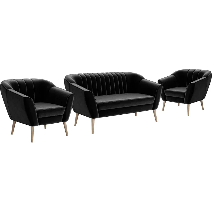 MEBLINI Sofa-Set KAIA 2+1+1 - Schwarz Samt - für Wohnzimmer - Mini Lounge für vier Personen - Küchensofa - Sofa Klein - Sitzgarnitur - Polstergarnitur - Sofagarnituren