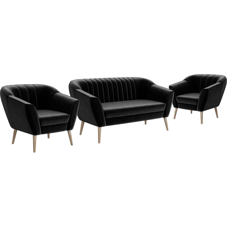 MEBLINI Sofa-Set KAIA 2+1+1 - Schwarz Samt - für Wohnzimmer - Mini Lounge für vier Personen - Küchensofa - Sofa Klein - Sitzgarnitur - Polstergarnitur - Sofagarnituren – Bild 1