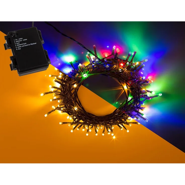 Out of the Blue LED-Lichterkette Innen/Außen Lichterkette 120 LEDs warmweiß + bunt mit Timer, 120-flammig, mit Timer, IP44, 5 Leuchtmodi, Batteriebetrieben