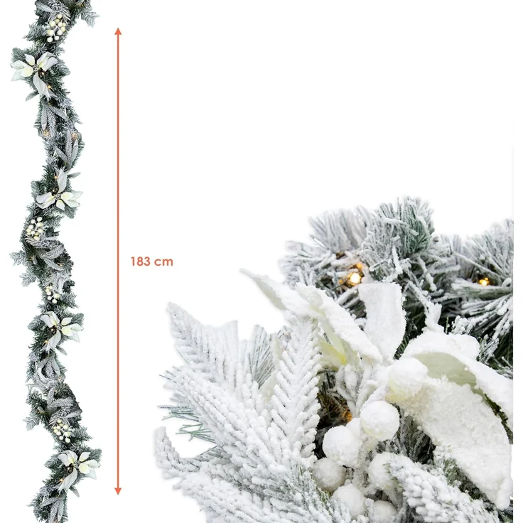 Spetebo Girlanden Weihnachtsgirlande oder -Kranz mit Schnee und weißen Blumen (1-tlg), mit Timer Funktion – Bild 2