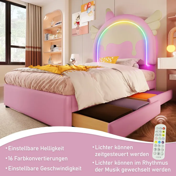 Prinzessinbett mit LED-Beleuchtung, Kopfteil und Schubladen, 90x200cm, Mädchenbett, Polsterbett für Mädchen, Einzelbett, Kunstleder – Bild 5