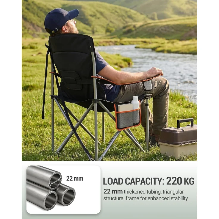 Campingstuhl, 220 KG Campingstuhl Faltbar mit Kühltasche, Getränkehalter, Tragetasch, Hochlehner Bequem Gepolste, Anglersessel Klappstuhl Garten Balkon Strand, Schwarz und Orange – Bild 7