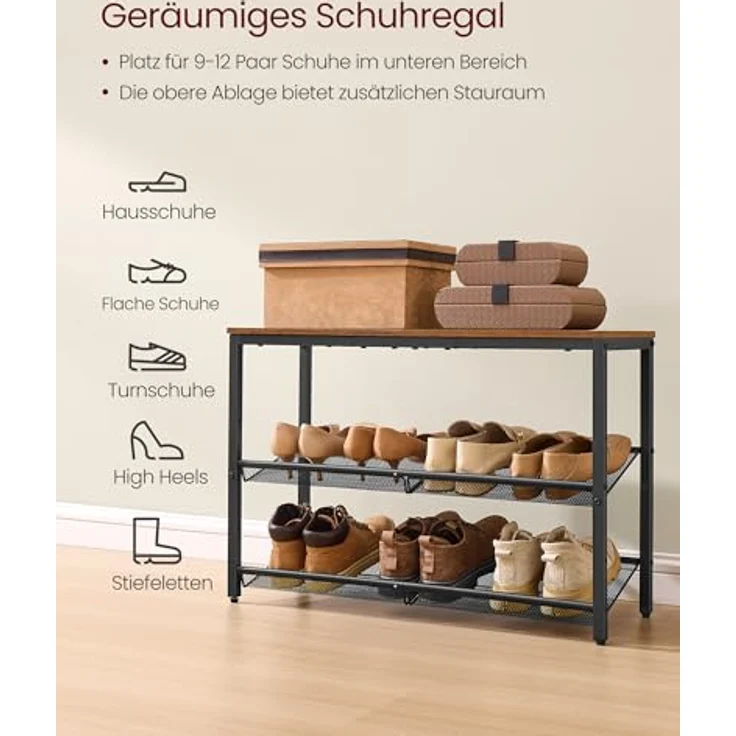 VASAGLE Schuhregal, Schuhablage, 3 Ebenen, große Oberfläche, verstellbare Gitterablagen, platzsparend für Eingangsbereich Flur, Metall, Industrie-Stil, vintagebraun-tintenschwarz LBS043KD01 – Bild 5