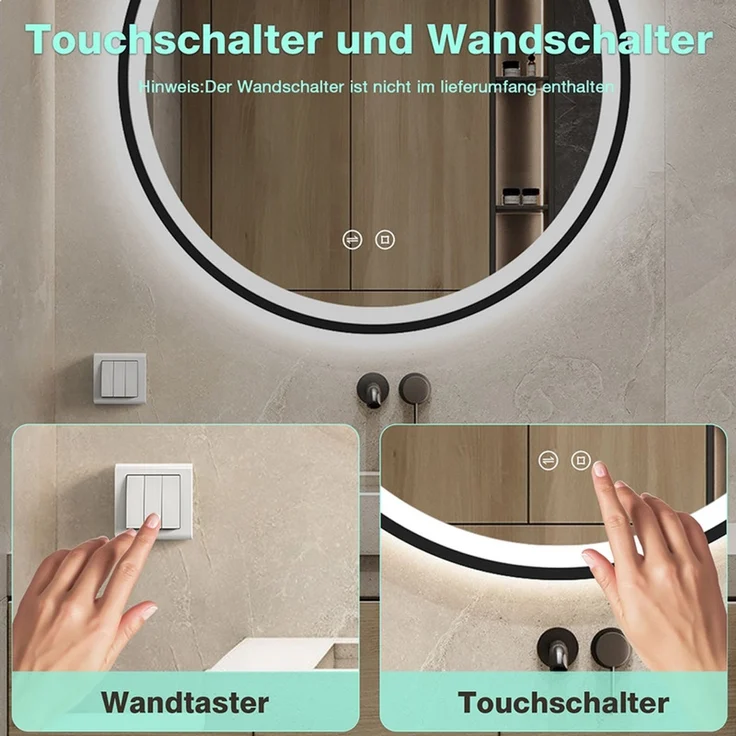 GIMBELEN LED Badezimmerspiegel 60 cm, runder Wandspiegel mit Beleuchtung, 3 Lichtfarben, dimmbar, Memory-Funktion, HD-Sicherheitsglas, IP44, Schwarz – Bild 4
