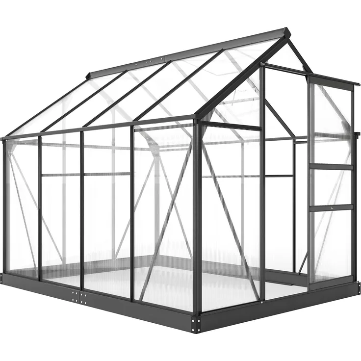 Gewächshaus aus Polycarbonat und Aluminium mit Schiebetür, 252.0×190.0×201.0cm, Grau, MELAYR