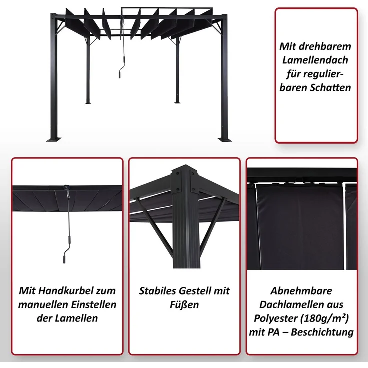 Pergola HWC-L40, Garten Lamellen-Pavillon Terrassenüberdachung, 8cm-Alu-Gestell Stoff/Textil, 3x3m anthrazit – Bild 2
