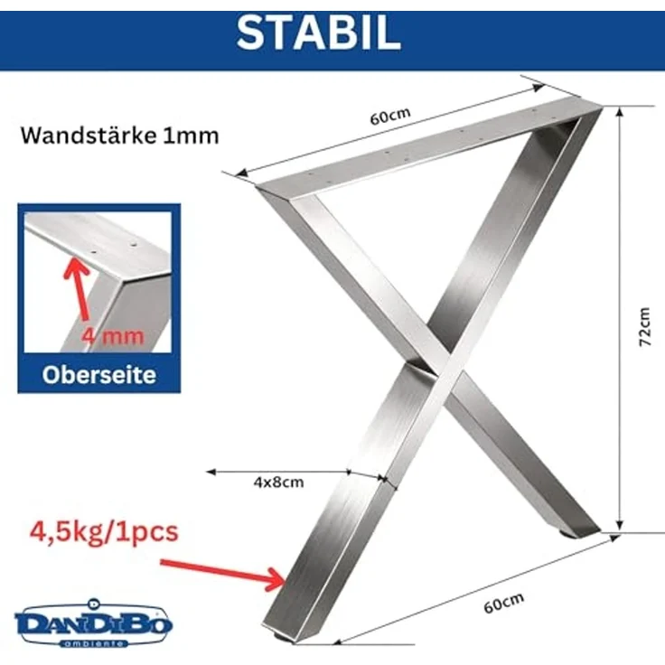 DanDiBo 2x Tischbeine Edelstahl 72 x 60 cm Tischgestell Höhenverstellbar 96676 Tischfüße Möbelfüße Tischkufen Esstisch Beine – Bild 2