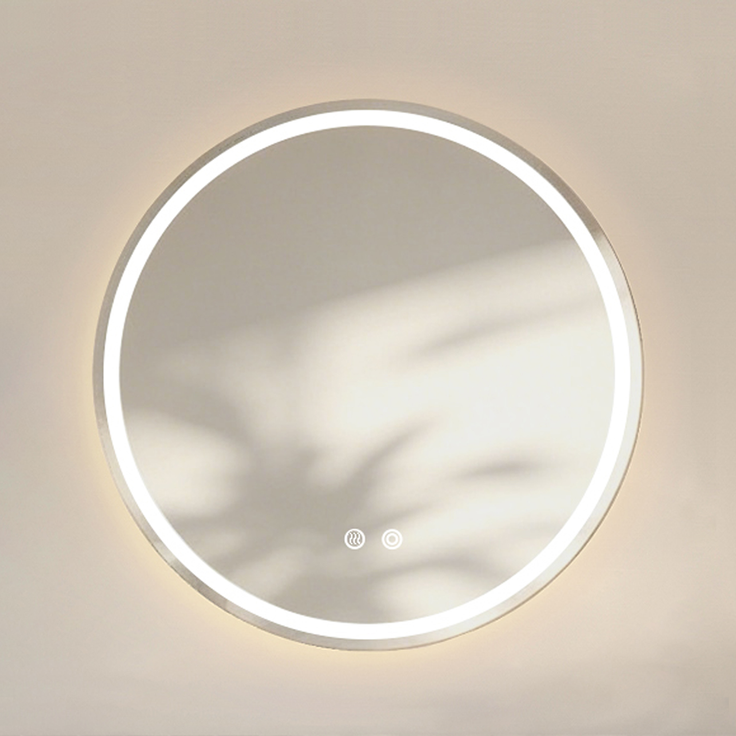 Runder Badspiegel, H 3 x T 60 x B 80 cm, aus Silber-Spiegelglas mit dimmbarer Beleuchtung