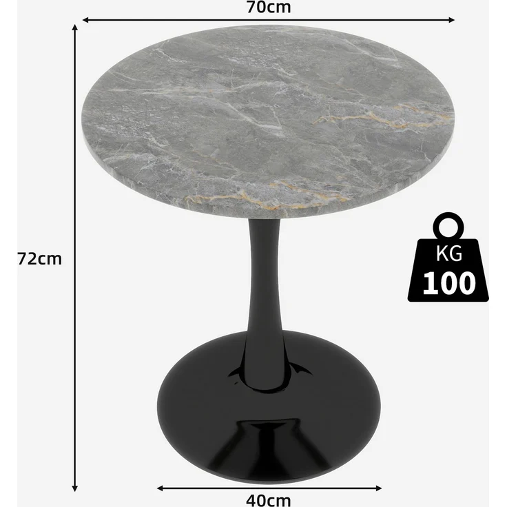 Novelux Runder Esstisch 70 cm – Couchtisch Schwarz Marmoroptik, Mid-Century Modern Tisch für 2-4 Personen, Dunkelgraue Maserung – Bild 2